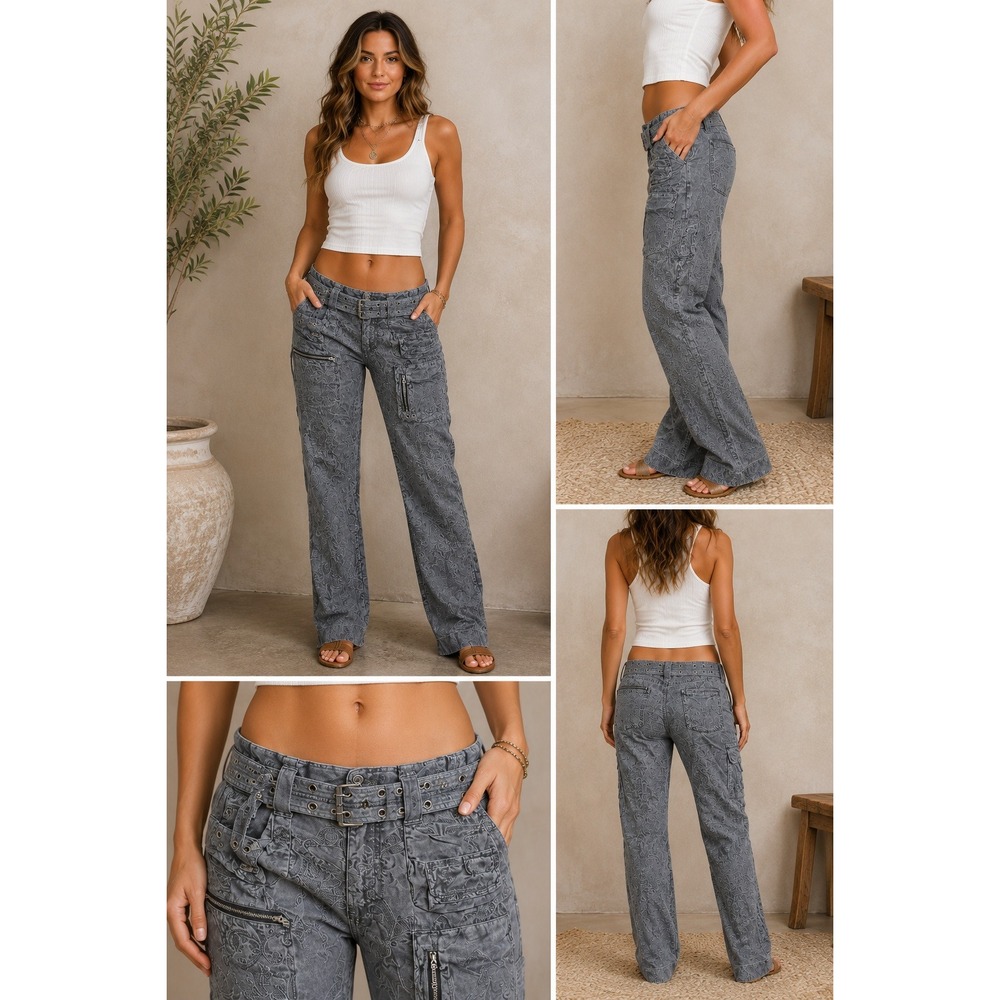 Johnny Was Petergréta Gray Embroidered Cargo‎ Pants Belted Utility Women's 32x31